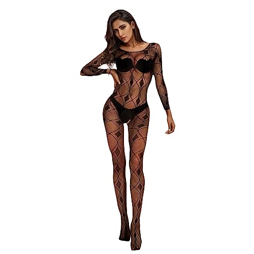 Damen Unterwäschen Reizwäsche Netz Strumpfhose Bodystockings Hohle Blumen Frauen Bodysuit Nachtwäsche Dessous Sexy rückenfrei Netz Catsuit Feine Spitze Overall Langarm Offen Im Schritt Schwarz von MJIQING