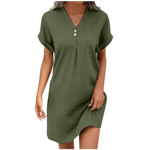 Die Discounter Musselin Kleid Damen Sommer V-Ausschnitt Luftige A-Linie Midikleid Einfarbige mit Knöpfen Lässige Kurzarm Sommerkleid Leicht Bluse Kleid Tunika Freizeitkleid von MJIQING