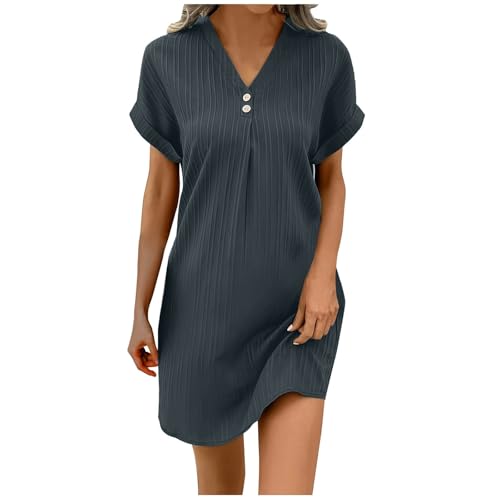 Die Discounter Musselin Kleid Damen Sommer V-Ausschnitt Luftige A-Linie Midikleid Einfarbige mit Knöpfen Lässige Kurzarm Sommerkleid Leicht Bluse Kleid Tunika Freizeitkleid von MJIQING