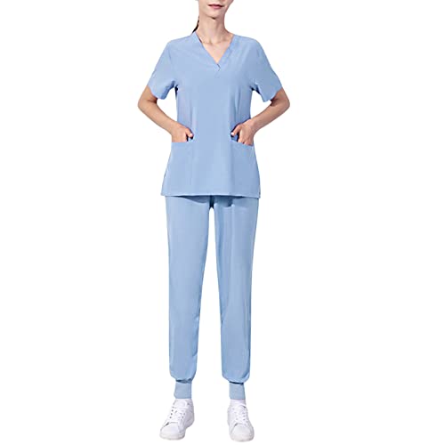 MJIQING Arbeitskleidung Pflege Damen Uniformen Einfarbig V-Ausschnitt Kurzarm Schlupfkasack Schlupfhose Set Berufsbekleidung mit Kasack T-Shirts Multi Pocket Hose von MJIQING