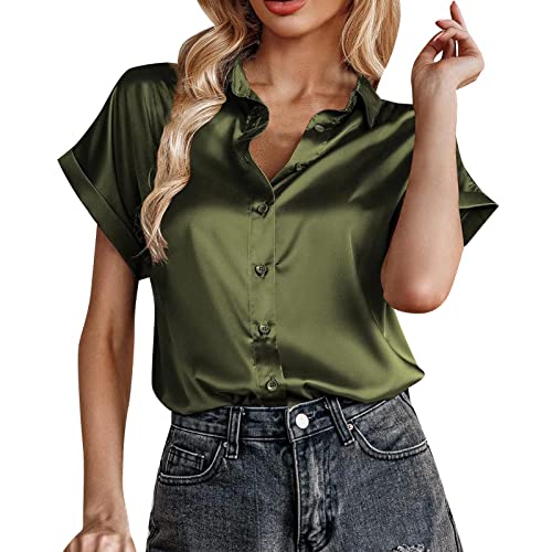 MJIQING Blusen Damen Seide Kurzarm Hemdbluse V-Ausschnitt Elegant Büro Business Shirts Tunika Bluse mit Knöpfen Sommer Einfarbig Freizeit Tunika Shirt Hemd Elegant Lose Langarmshirt Longbluse von MJIQING