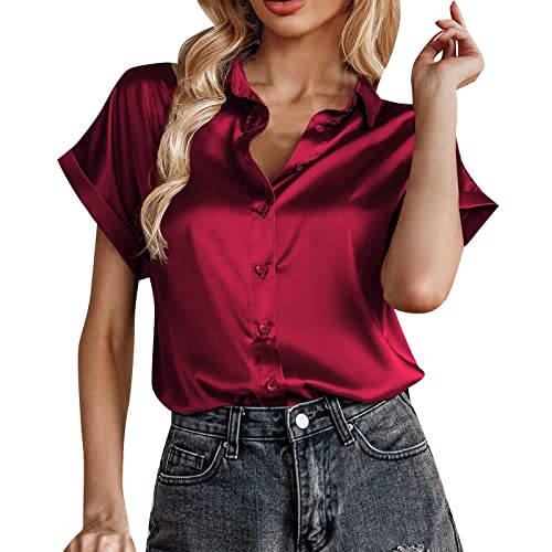 MJIQING Blusen Damen Seide Kurzarm Hemdbluse V-Ausschnitt Elegant Büro Business Shirts Tunika Bluse mit Knöpfen Sommer Einfarbig Freizeit Tunika Shirt Hemd Elegant Lose Langarmshirt Longbluse von MJIQING