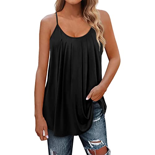 MJIQING Damen Spaghetti Top Sommer fließendes Tanktop für Damen, lockeres Cami, plissiert, elegant, schwingend, Spaghettiträger, ärmelloses Camisole für Damen von MJIQING