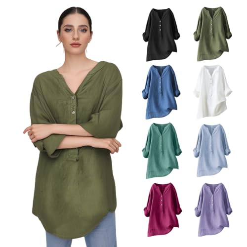MJIQING Die Discounter Musselin Bluse Damen, Leinenbluse Damen Sommer Langarm Große Größen Hemdbluse Blusenkleid Leinen Elegant Longbluse Blusenshirt Tuniken Damenblusen von MJIQING