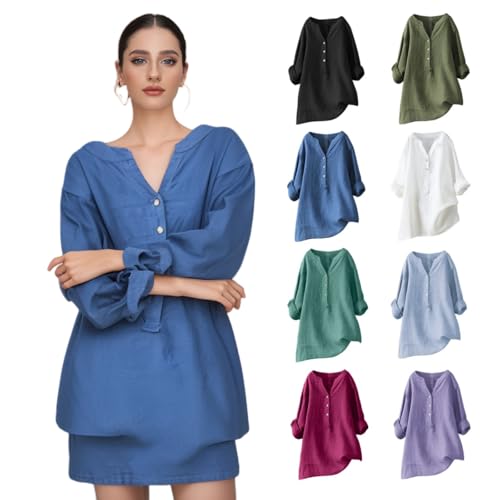 MJIQING Die Discounter Musselin Bluse Damen, Leinenbluse Damen Sommer Langarm Große Größen Hemdbluse Blusenkleid Leinen Elegant Longbluse Blusenshirt Tuniken Damenblusen von MJIQING