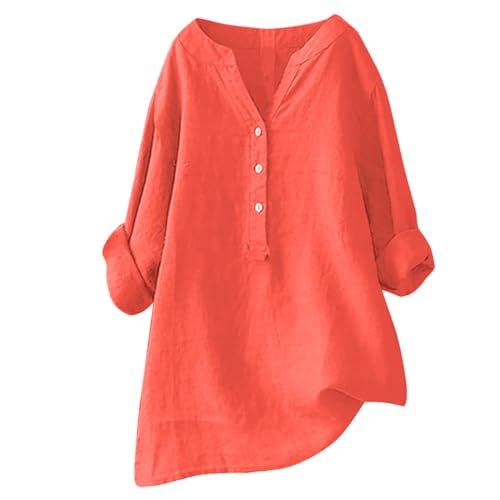 MJIQING Die Discounter Musselin Bluse Damen Lang Longbluse Musselin Bluse Tunika Lange Elegant Schlupfbluse Mit Knopfleiste Sommer Longshirt Große Größen Lang Stehkragen Leinen Oberteile Leinenbluse von MJIQING