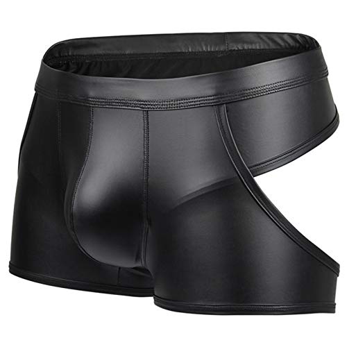 MJIQING Herren Ouvert Boxershorts Leder Optik Wetlook sexy Unterwäsche, Dessous Reizwäsche für Männer, Clubwear Jockstraps Po offen Shorts Kunstleder Unterwäsche von MJIQING