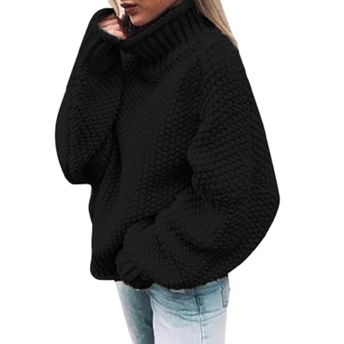 MJIQING Pullover Damen Strickpullover Hohe Kragen Lässig Freizeit Elegant Sweater Langarm Sweatshirt Winter Lose Bluse Oberteile Oversize Warme Rollkragen Pullover Grobstrick Strickpulli von MJIQING