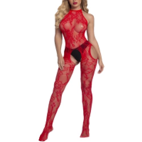 MJIQING Sexy Pink Bow Bodystocking Netz Body Dessous Catsuit Open Crotch Unterwäschen Reizwäsche Netz Strumpfhose Hohle Jumpsuit Frauen Bodysuit Nachtwäsche Ärmellos von MJIQING