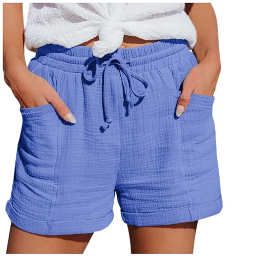 MJIQING Shorts Damen Sommer Leinen Musselin Kurze Hose Beach Shorts Mit Taschen Mode Lässige Stoffhose Freizeit Shorts Elastische Taille Stretch Gerades Bein Sport Shorts mit Kordelzug Leinenhose von MJIQING