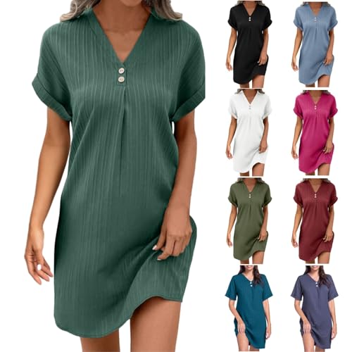 Musselin Kleid Damen Sommer Kleider V-Ausschnitt Falten Leinen Kleider Revers Style Freizeit Kleid mit Taschen Luftige Sommerkleid Long Knopfleiste Knielang Strandkleid Komfortabel Boho Blusenkleider von MJIQING