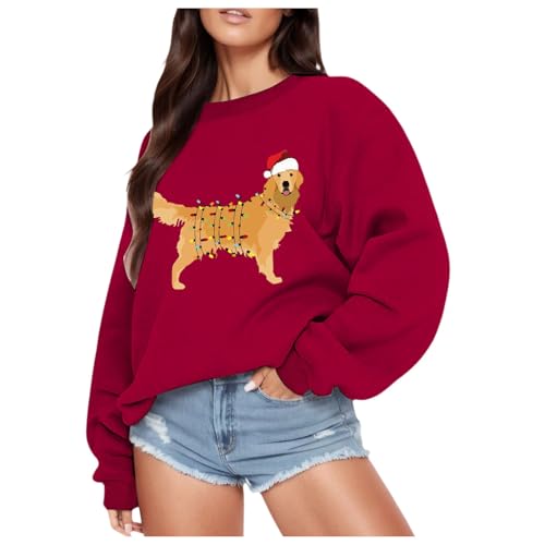 Weihnachtspullover Damen Hund Druck Sweatshirt Rundhals Weihnachtspulli Elegant Weihnachten Pullover Winter Weihnachts Pullis Casual Christmas Sweat Oberteile Tops von MJIQING