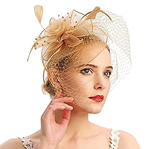 Fascinators Hut Damen Mädchen Haar Mesh Feder Clip Elegant Haarklammer Schleier 20er Jahre Kopfschmuck Cocktail Tea Party Kopfbedeckung Pillbox Stirnband Haarnadel Haarschmuck (Gold, One Size) von MJISG