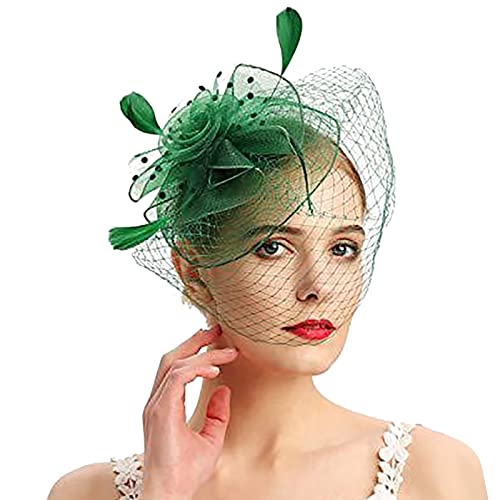 Fascinators Hut Damen Mädchen Haar Mesh Feder Clip Elegant Haarklammer Schleier 20er Jahre Kopfschmuck Cocktail Tea Party Kopfbedeckung Pillbox Stirnband Haarnadel Haarschmuck (Green, One Size) von MJISG