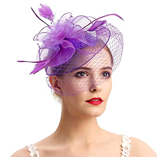 Fascinators Hut Damen Mädchen Haar Mesh Feder Clip Elegant Haarklammer Schleier 20er Jahre Kopfschmuck Cocktail Tea Party Kopfbedeckung Pillbox Stirnband Haarnadel Haarschmuck (Purple, One Size) von MJISG