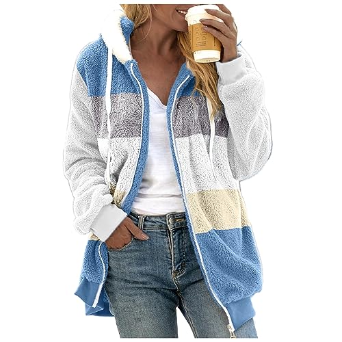 Fleecejacke Damen Dünn Leicht Plüschjacke Damen Color Block Plüsch Sweatshirt Warme Damen Winter Jacke Teddyfell Gefütterte Winterjacke Reißverschluss Hoodie Lose Bluse Warmer Mantel Damen (Blue, L) von MJISG