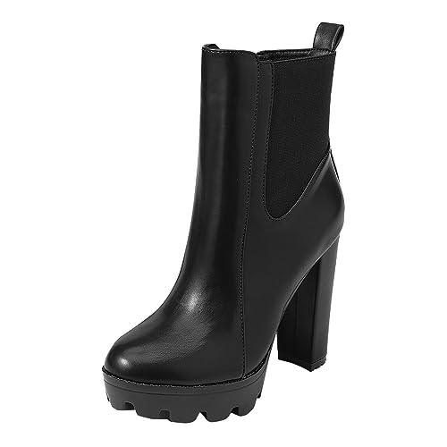 MJISG Damen Ankle Boots Frauen Stiefeletten Klassische Modische, Elastische, Wasserabweisende Damen-Stiefeletten Mit Rundem Zehenbereich Und Dickem Absatz Warme GefüTterte Winterstiefel (Black, 38) von MJISG