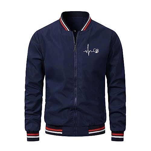 MJISG Herren Leicht Freizeitjacke Dünne Bomberjacke Frühling Sommer Übergangsjacke Blouson Jacke Piloten Jacke mit Zip Taschen Lässig Stehkragen Mantel-Oberbekleidung Cordjacke Herren (Navy, XL) von MJISG