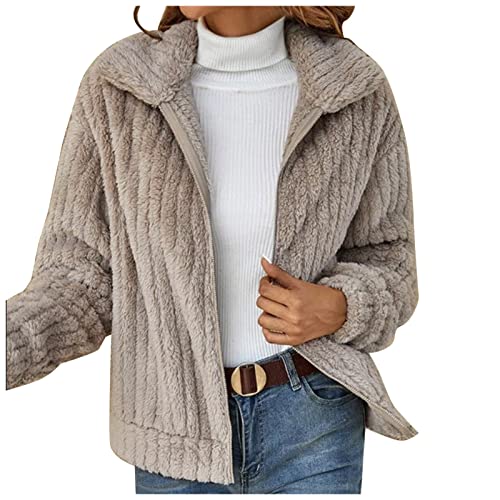 Plüschjacke Damen Einfarbig Cardigan Fleece Langarm Jacke Mantel Winter Lose Top Mantel Damen Große Größen Warme Damen Winter Jacke Teddyfell Gefütterte Winterjacke (B, L) von MJISG