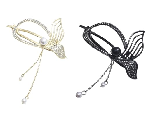 Elegante Strass-Haarspangen für Frauen – glitzernde Haarspangen, gedrehte Fischschwanz-Haarnadeln und Metall-Haarschmuck für Hochzeit, Abschlussball und Alltag (Schwarz + Gold), 2 Stück von MJLOMJ