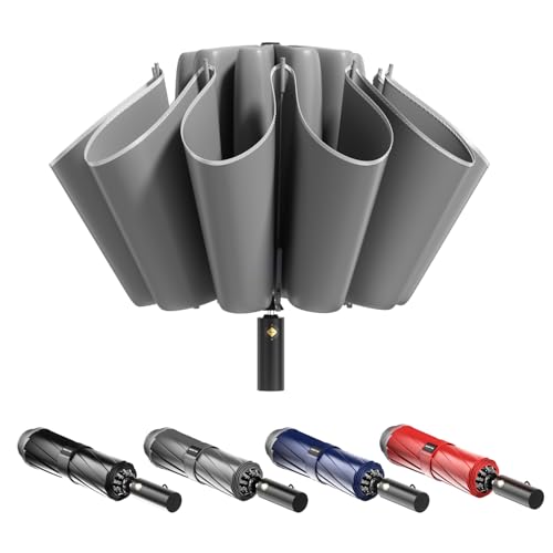 MJOFFIN Groß umgedrehter winddichter Regenschirm - Selbstöffnender und schließender Regenschirm mit reflektierenden Streifen - 48in,10 Knochen - Geeignet für Männer und Frauen(grau) von MJOFFIN