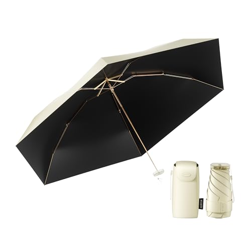 Reise Mini Regenschirm - leichter, klein，UV-geschützter Regenschirm - geeignet für Frauen, Mädchen, Kinder(Beige Weiß) von MJOFFIN