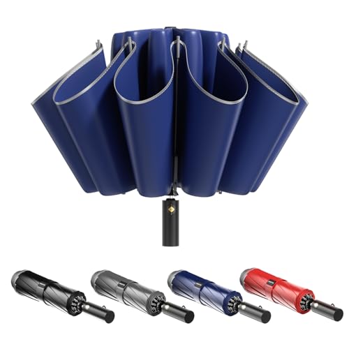 MJOFFIN Groß umgedrehter winddichter Regenschirm - Selbstöffnender und schließender Regenschirm mit reflektierenden Streifen - 48in,10 Knochen - Geeignet für Männer und Frauen(Tiefblau) von MJOFFIN