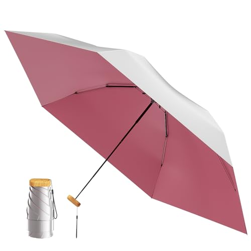 Reise Mini Regenschirm - leichter, klein，UV-geschützter Regenschirm - geeignet für Frauen, Mädchen, Kinder(Silber-Rosa) von MJOFFIN