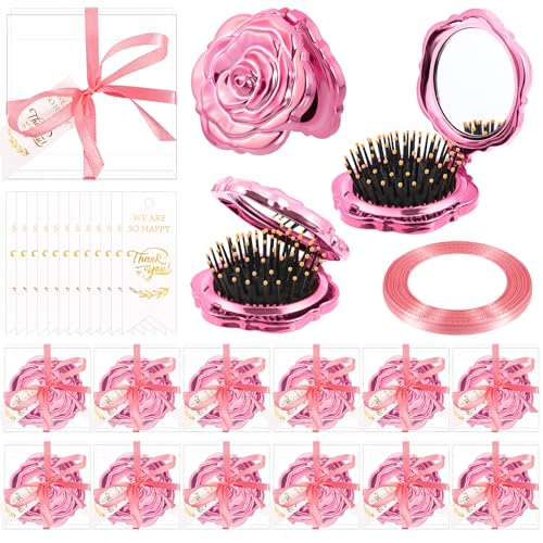 Kompakte Spiegelbürste mit Rosenmotiv, Brautparty, Geschenke für Gäste, inklusive kompakter Spiegelbürste, Dankeskarten, transparente Kunststoffboxen und Bänder für Hochzeit, Geburtstag, Party, Kompakte Spiegelbürste mit Rosenmotiv, Brautparty, Geschenke für Gäste, inklusive kompakter Spiegelbürste, Dankeskarten, transparente Kunststoffboxen und Bänder für Hochzeit, Geburtstag, Party, von MJOGGOTT