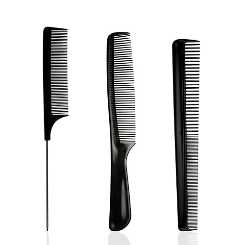MJW FriseurkammSet Schwarzes 3-Teiliges Haarkamm-Set aus Kunststoff, Feiner und Breiter Kamm, Metallkamm zum Scheiteln Nadelschwanz und Einzelgriff Haarstyling Kamm für Männer, Frauen und Kinder von MJW