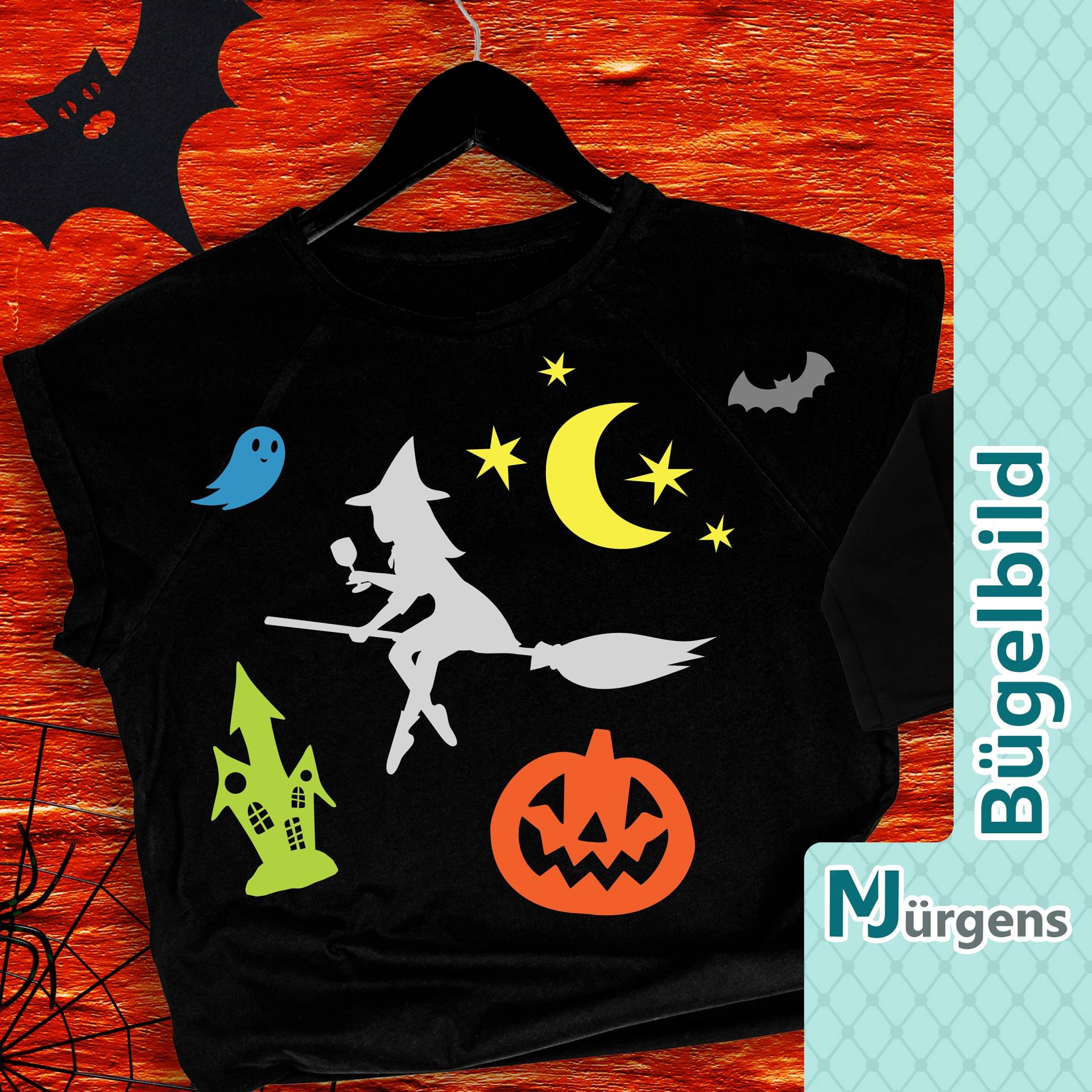 Halloween - Bügelbild Personalisiert Motive Kürbis Katze Spinnen Fledermaus Hexe von MJuergensShop