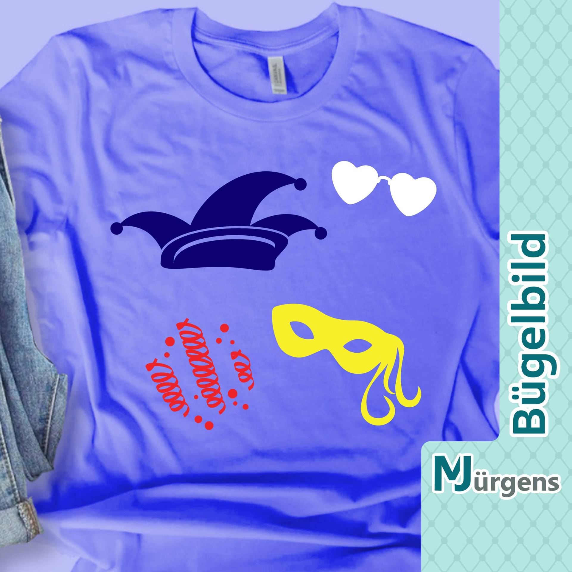 Karneval Motive - Bügelbild Bild Zum Aufbügeln Personalisiert Narrenkappe Clown Luftschlangen Verkleidung von MJuergensShop