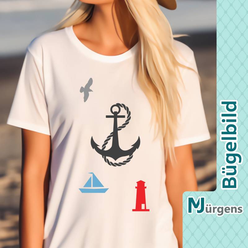 Maritime Motive - Bügelbild Bild Zum Aufbügeln Personalisiert Boot Schiff Anker Kompass Möwe Kapitän von MJuergensShop