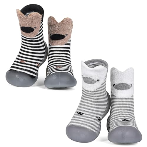 MK MATT KEELY 2 Paare Krabbelschuhe Baby Outdoor Lauflernschuhe Kinder Mädchen Jungen rutschfeste Gummisohle Sockenschuhe,Grau+Schwarz,6-12 Monate von MK MATT KEELY