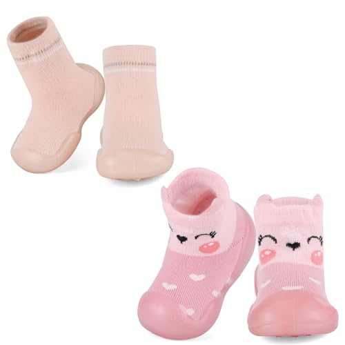 MK MATT KEELY 2 Paare Krabbelschuhe Baby Outdoor Lauflernschuhe Kinder Mädchen Jungen Rutschfeste Gummisohle Sockenschuhe,Rosa+Fuchs,3-6 Monate von MK MATT KEELY