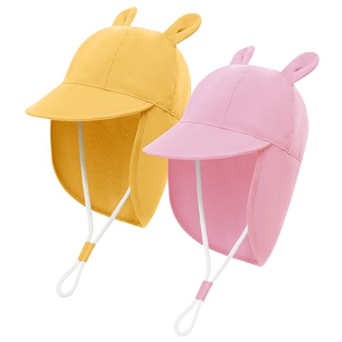 MK MATT KEELY 2er-Pack Sonnenhut Baby mit Nackenschutz Sommermütze Mädchen Jungen UV Schutz 50 Schirmmütze Niedlich für Kinder,Rosa+Gelb,12-24 Monate von MK MATT KEELY