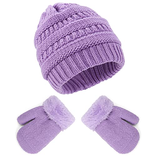 MK MATT KEELY Baby Junge Mädchen Wintermütze Handschuhe Set 1-6 Jahre Winter Weiche Fleece-Gefüttertes Strickmütze Handschuhe Set für Kinder,Violett,1-3 Jahre von MK MATT KEELY