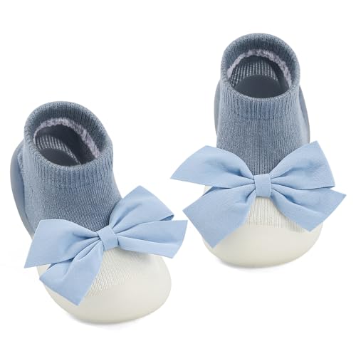 MK MATT KEELY Baby Mädchen Krabbelschuhe mit Bowknot Lauflernschuhe Kinder rutschfeste Sockenschuhe Hüttenschuhe Outdoor,Blau,6-9 Monate von MK MATT KEELY