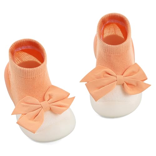 MK MATT KEELY Baby Mädchen Krabbelschuhe mit Bowknot Lauflernschuhe Kinder rutschfeste Sockenschuhe Hüttenschuhe Outdoor,Orange,9-12 Monate von MK MATT KEELY