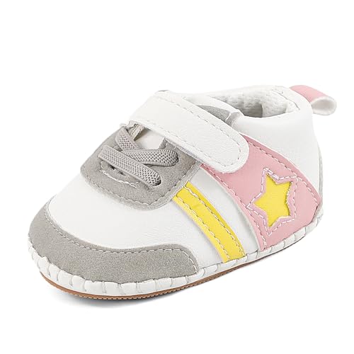 MK MATT KEELY Baby Mädchen Lauflernschuhe PU Leader Krabbelschuhe mit Weich Gummi Anti-Rutsch Sohle 0-6 Monate,Rosa+Gelb von MK MATT KEELY