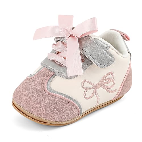 MK MATT KEELY Baby Mädchen Lauflernschuhe PU Leader Krabbelschuhe mit Weich Gummi Anti-Rutsch Sohle 12-18 Monate,Rosa mit Bow von MK MATT KEELY