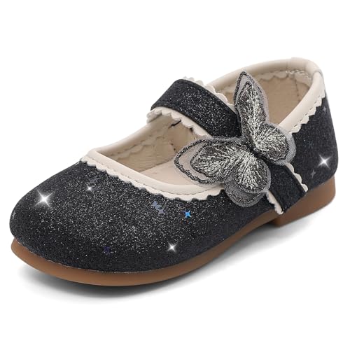 MK MATT KEELY Ballerina Glitzer Mädchen Mary Jane Prinzessin Schuhe mit Schmetterling Kinder Party Flache,Schwarz,24EU(CN26) von MK MATT KEELY