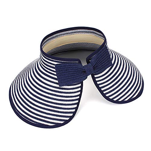 MK MATT KEELY Große Strand Stroh Sonnenhüte Frauen Faltbare Breite Krempe Hut für Damen Visier Kappe Eimer mit Bowknot, Marineblauer Streifen, Einheitsgröße von MK MATT KEELY