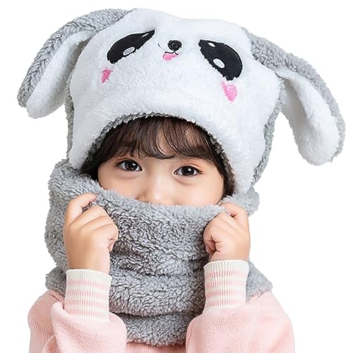 MK MATT KEELY Kinder Winter Mütze Junge Mädchen 2 in 1 Warme Cartoon Kaninchen Schal Ohrenklappe Ski Mütze Set,Grau,5-8 Jahre von MK MATT KEELY