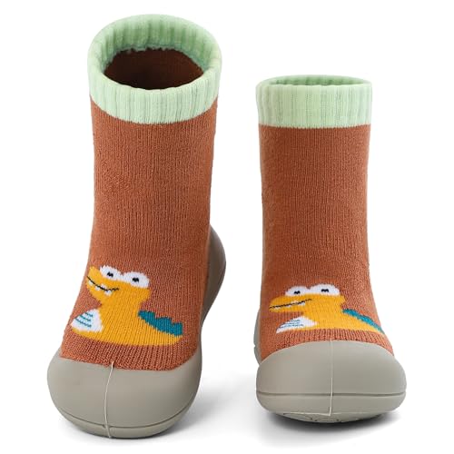 MK MATT KEELY Krabbelschuhe Baby Jungen Lauflernschuhe Dinosaurier Kinder Outdoor Hausschuhe mit rutschfeste Gummisohle,Orange,6-9 Monate von MK MATT KEELY