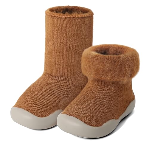 MK MATT KEELY Lauflernschuh Baby Winter Sockenschuhe Warm Plüsch Kleinkind Mädchen Jungen Krabbelschuhe Outdoor mit Anti-Rutsch-Sohle,Rötlichbraun,2-3 Jahre von MK MATT KEELY