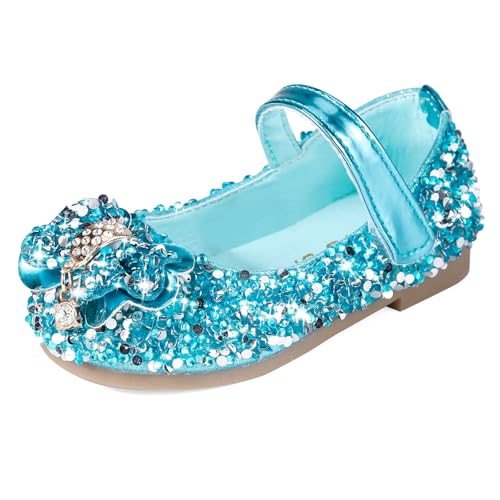 MK MATT KEELY Prinzessin Schuhe Mädchen Glitzer Ballerinas Kinder Mary Jane Kristall Frozen Sandalen,Blau mit Schleife,23.5EU(CN25) von MK MATT KEELY