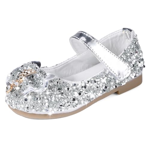 MK MATT KEELY Prinzessin Schuhe Mädchen Glitzer Ballerinas Kinder Mary Jane Kristall Frozen Sandalen,Silber mit Schleife,21EU(CN23) von MK MATT KEELY