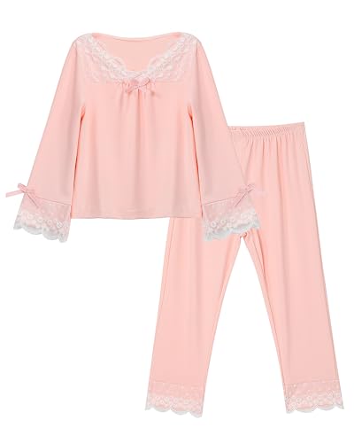 MK MATT KEELY Schlafanzug Mädchen Lang Kuschelig Spitze Pyjama Set mit Schleife Zweiteiliger Kinder Herbst/Winter Nachtwäsche,Rosa,3-4 Jahre von MK MATT KEELY