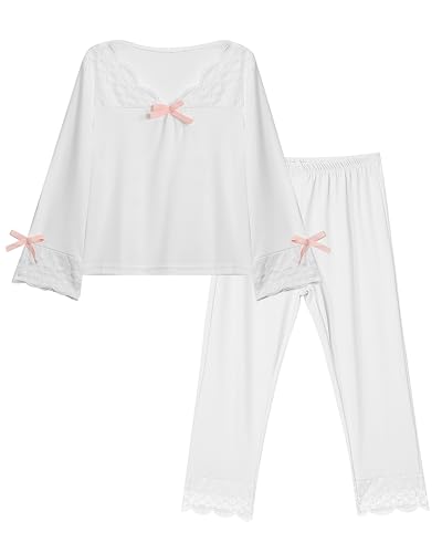 MK MATT KEELY Schlafanzug Mädchen Lang Kuschelig Spitze Pyjama Set mit Schleife Zweiteiliger Kinder Herbst/Winter Nachtwäsche,Weiß,5-6 Jahre von MK MATT KEELY